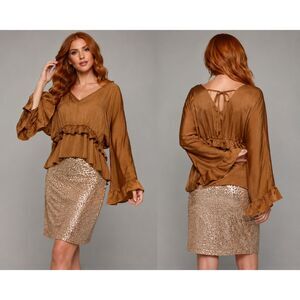 New Gigio S 4 6 Bronze Washed Art Deco Satin Bell Sleeve Peplum Blouse Back Tie